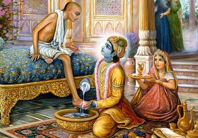 Кришна омывает стопы Судаме